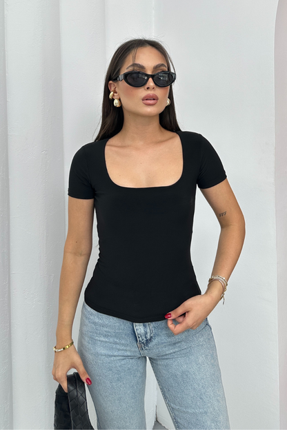 Kadın Kısa Kollu T-Shirt Kare Yaka Çift Kat Sandy Kumaş Crop T-Shirt