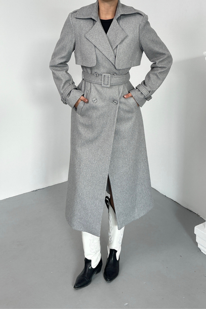 Kadın Kaban Uzun Kaşe  Kuşaklı Düğmeli Cepli Kruvaze Premium Kaban