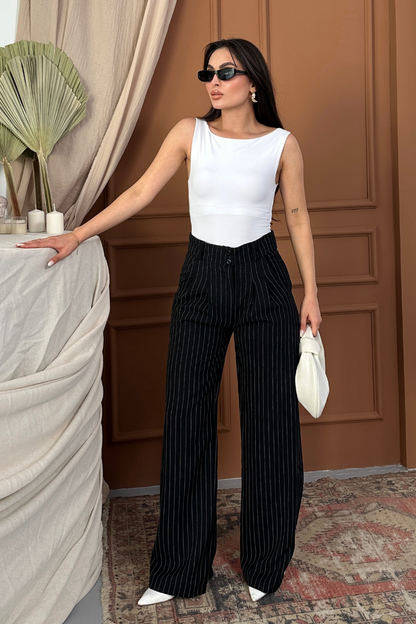 Kadın Pantolon Palazzo Çizgili Çift Düğme Detaylı Wide Leg Pantolon