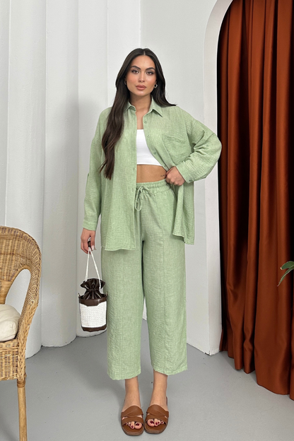 Kadın Alt Üst Takım Yazlık Keten Cep Detaylı Pantolon Gömlek İkili Takım