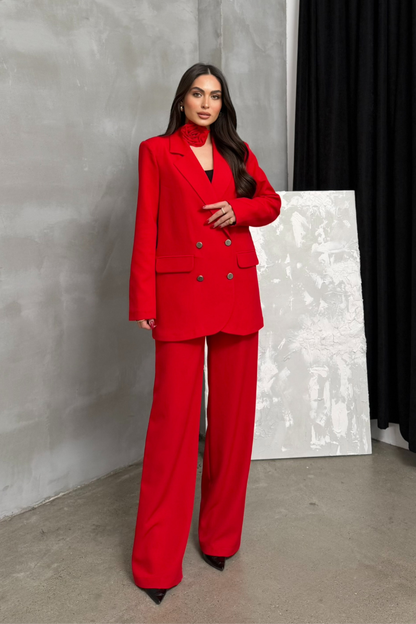 Kadın İkili Blazer Ceket Pantolon Takım Aksesuar ve Düğme Detaylı Bol Paça