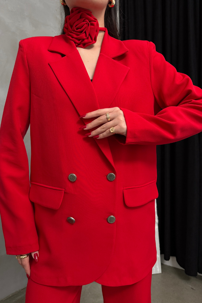 Kadın İkili Blazer Ceket Pantolon Takım Aksesuar ve Düğme Detaylı Bol Paça