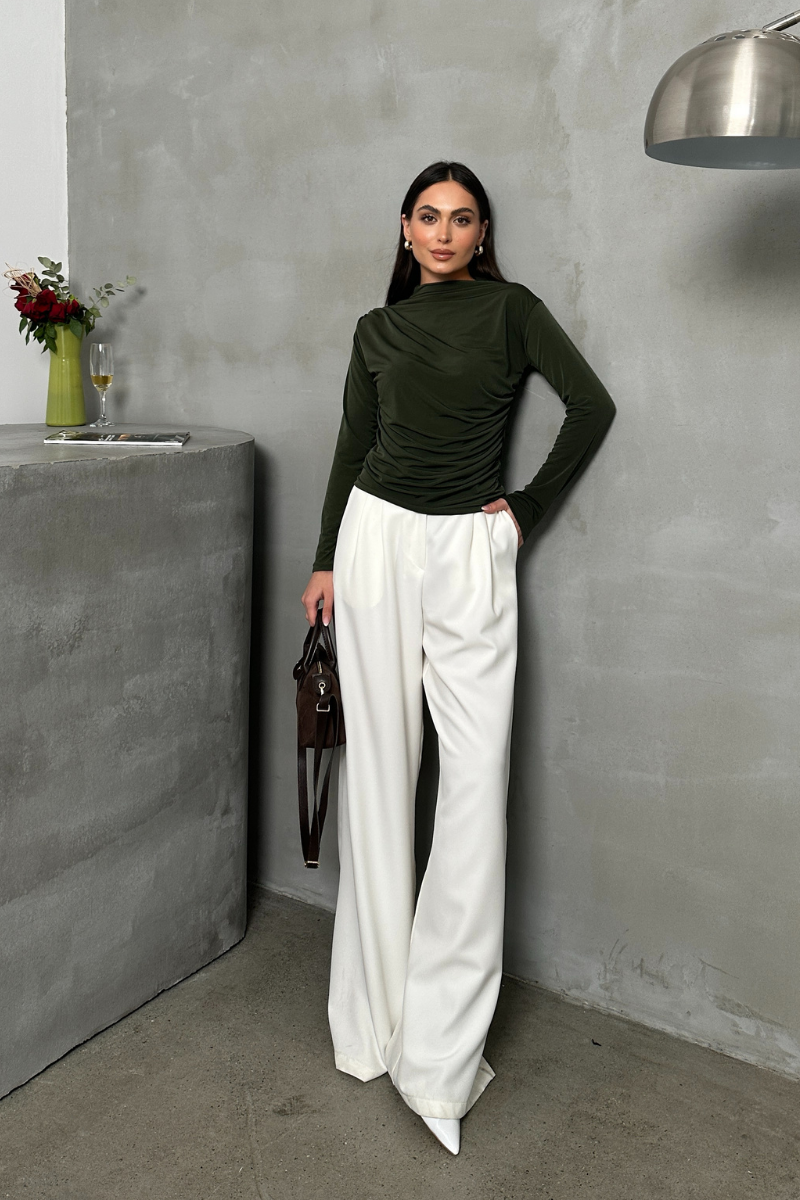 Kadın Bluz Drapeli Uzun Kollu Sandy Kumaş Yüksek Yakalı Likralı Bluz