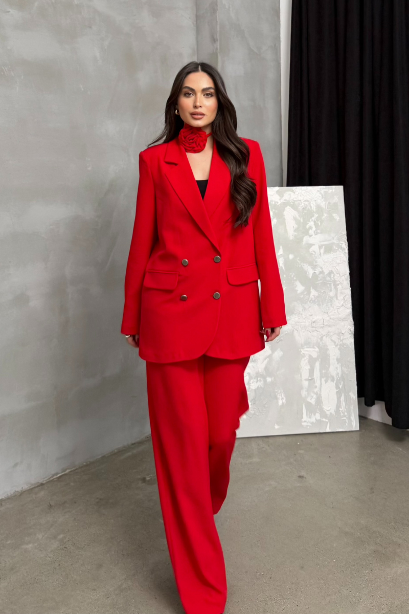 Kadın İkili Blazer Ceket Pantolon Takım Aksesuar ve Düğme Detaylı Bol Paça