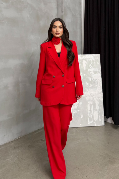 Kadın İkili Blazer Ceket Pantolon Takım Aksesuar ve Düğme Detaylı Bol Paça