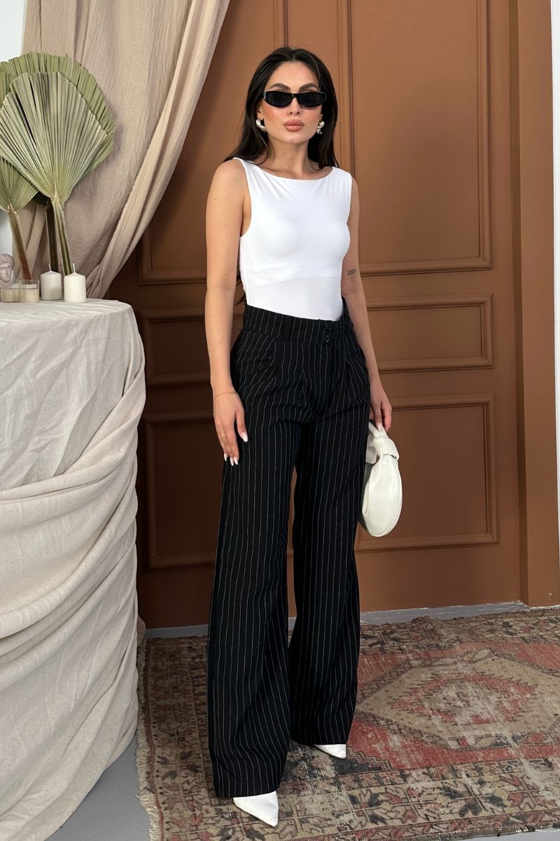 Kadın Pantolon Palazzo Çizgili Çift Düğme Detaylı Wide Leg Pantolon