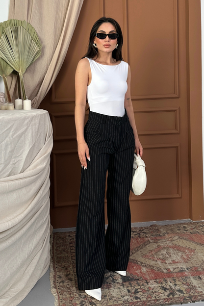 Kadın Pantolon Palazzo Çizgili Çift Düğme Detaylı Wide Leg Pantolon