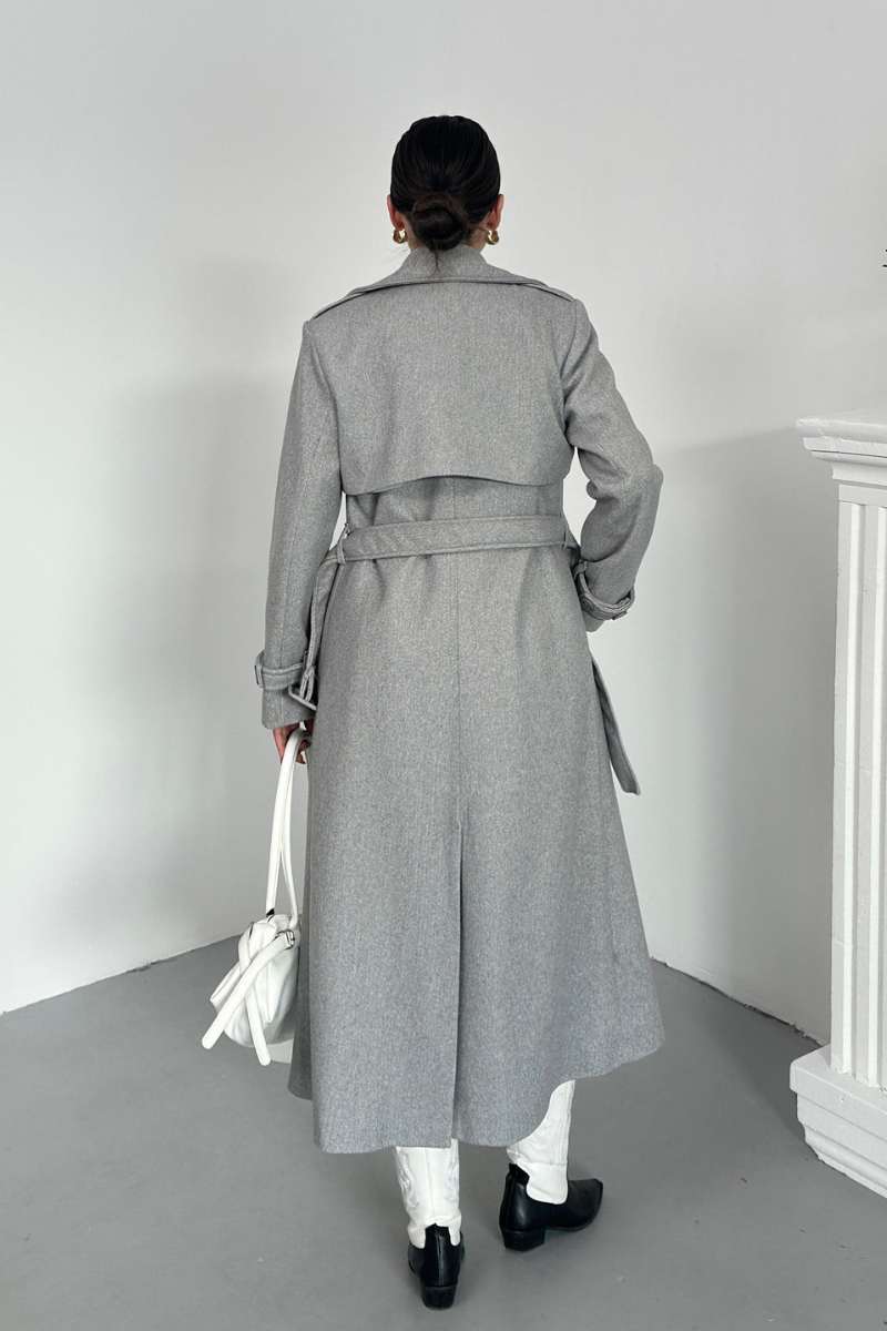 Kadın Kaban Uzun Kaşe  Kuşaklı Düğmeli Cepli Kruvaze Premium Kaban