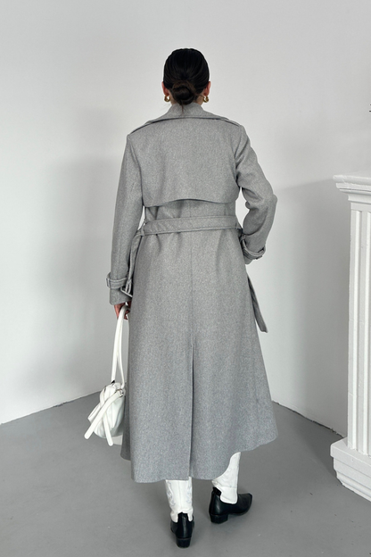 Kadın Kaban Uzun Kaşe  Kuşaklı Düğmeli Cepli Kruvaze Premium Kaban