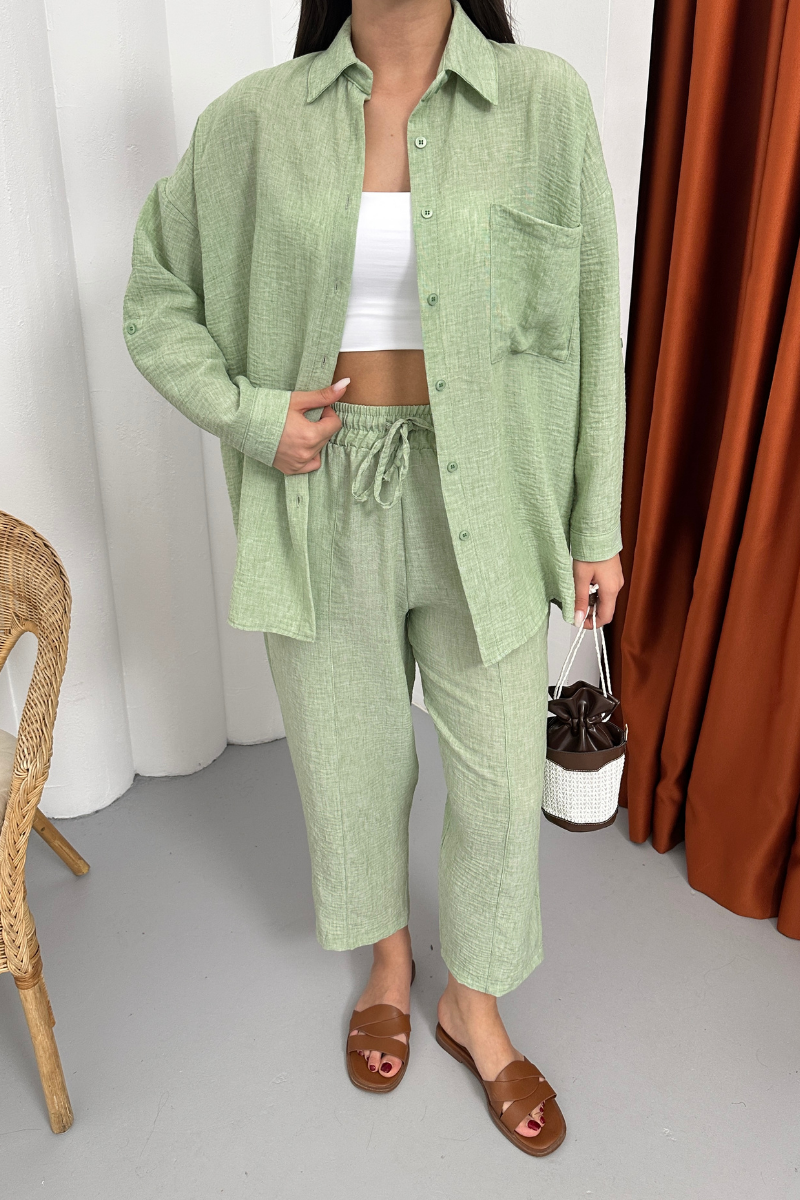 Kadın Alt Üst Takım Yazlık Keten Cep Detaylı Pantolon Gömlek İkili Takım