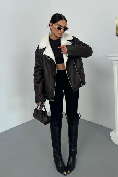 Kadın Mont İçi Kürklü Lamine Kruvaze Fermuarlı Cepli Oversize Ceket