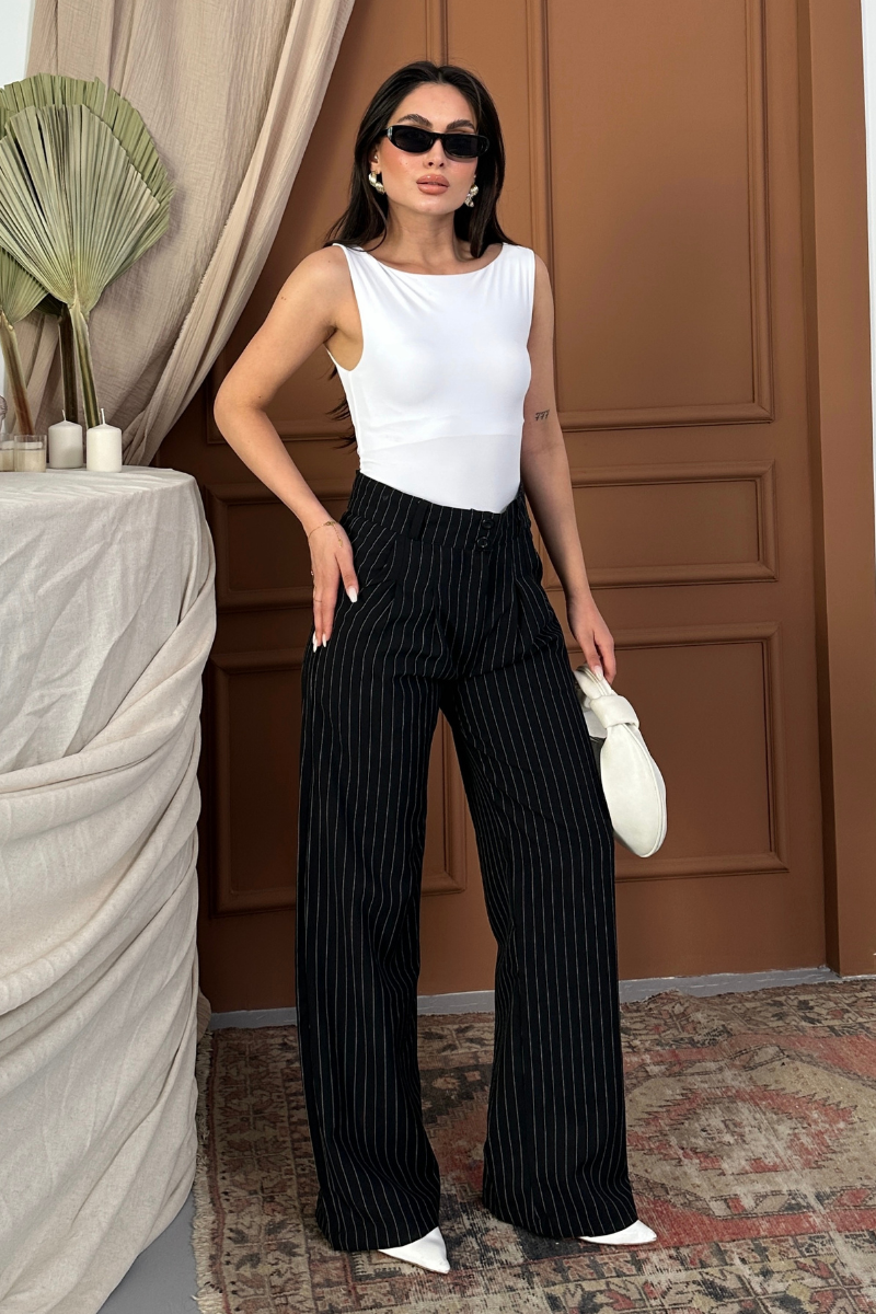 Kadın Pantolon Palazzo Çizgili Çift Düğme Detaylı Wide Leg Pantolon
