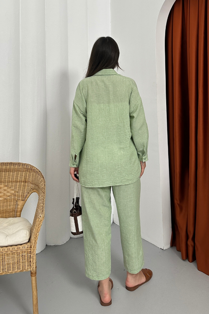 Kadın Alt Üst Takım Yazlık Keten Cep Detaylı Pantolon Gömlek İkili Takım