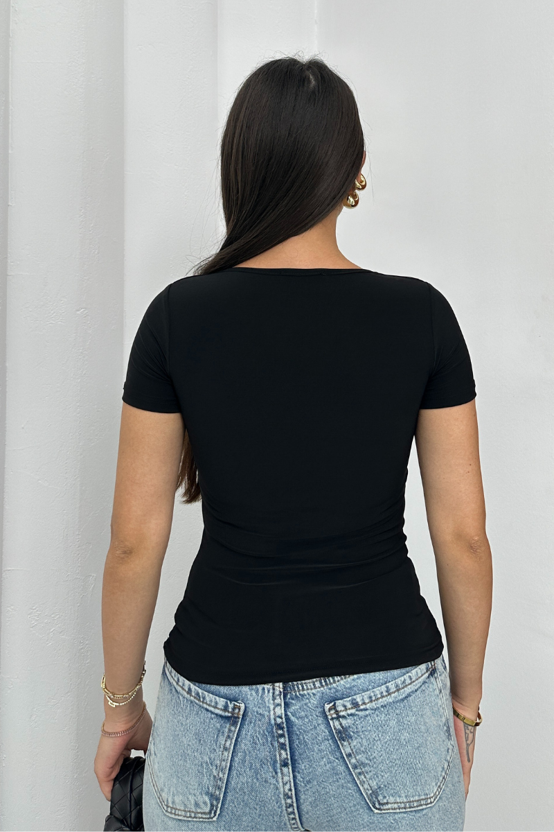 Kadın Kısa Kollu T-Shirt Kare Yaka Çift Kat Sandy Kumaş Crop T-Shirt