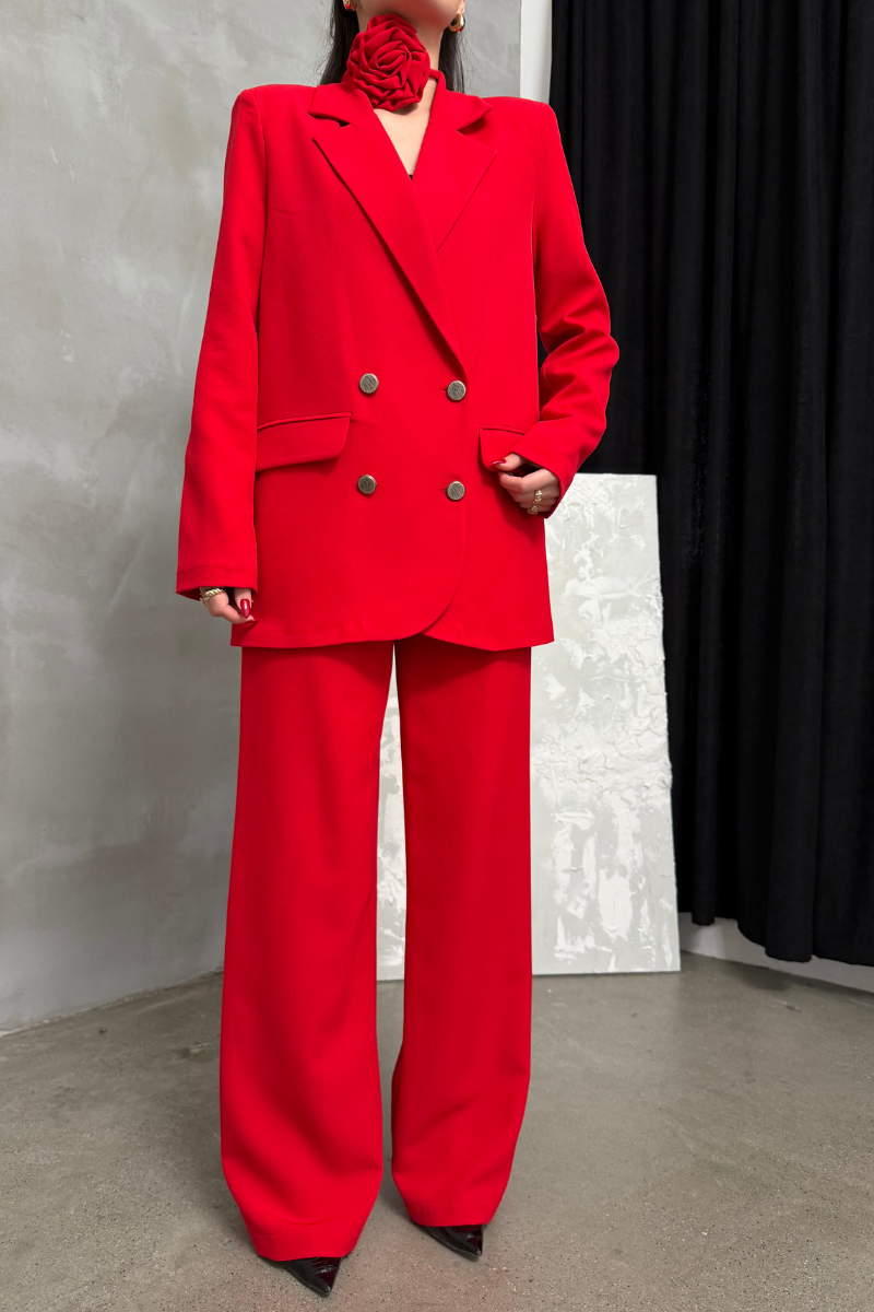 Kadın İkili Blazer Ceket Pantolon Takım Aksesuar ve Düğme Detaylı Bol Paça