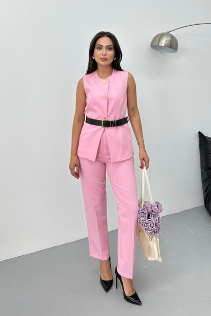Kadın İkili Alt Üst Takım Şık Kemerli Düğme Detaylı Bisiklet Yaka Regular Yelek Pantolon Takım
