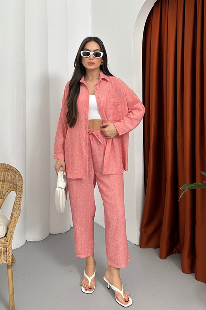Kadın Alt Üst Takım Yazlık Keten Cep Detaylı Pantolon Gömlek İkili Takım