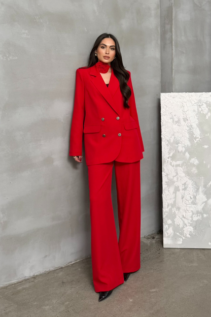 Kadın İkili Blazer Ceket Pantolon Takım Aksesuar ve Düğme Detaylı Bol Paça