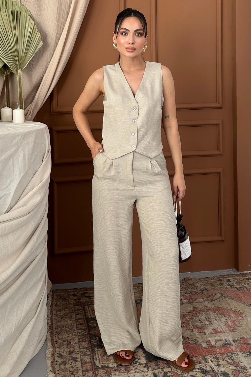 Kadın Alt Üst Takım Keten Düğmeli V Yaka Yelek Bol Paça Pantolon Takım