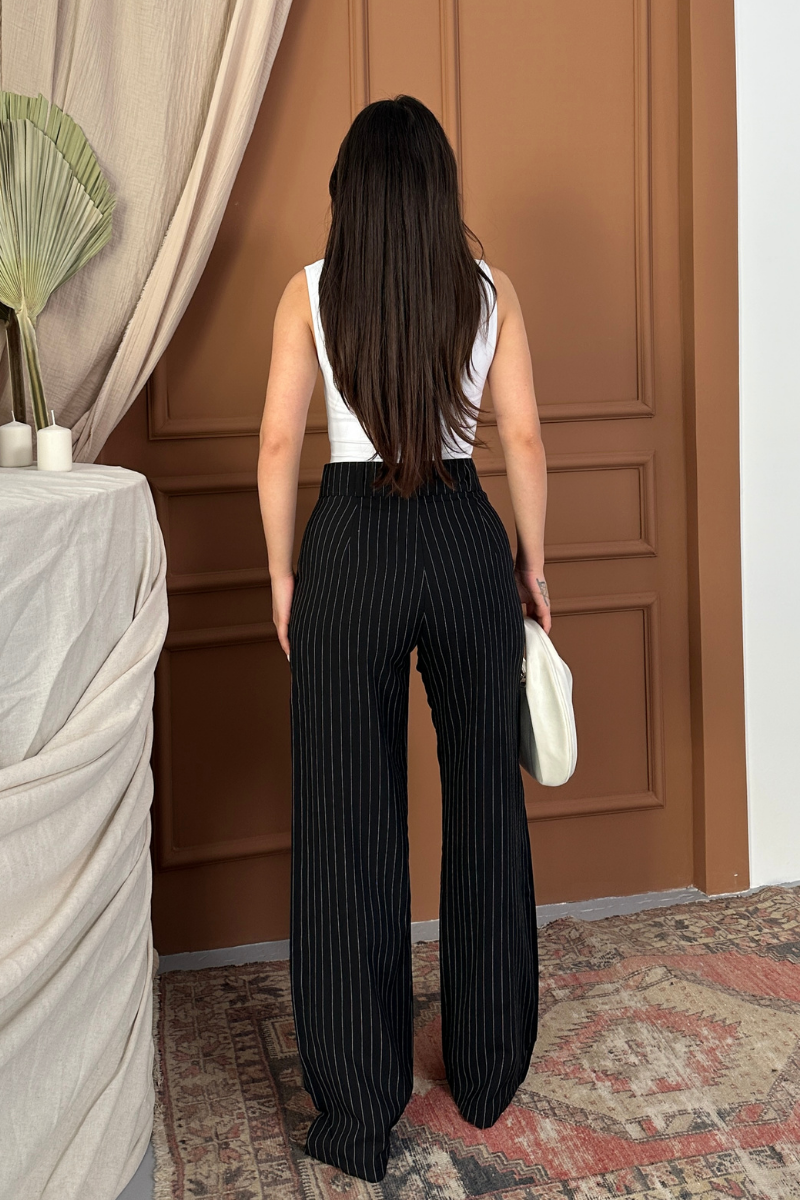 Kadın Pantolon Palazzo Çizgili Çift Düğme Detaylı Wide Leg Pantolon