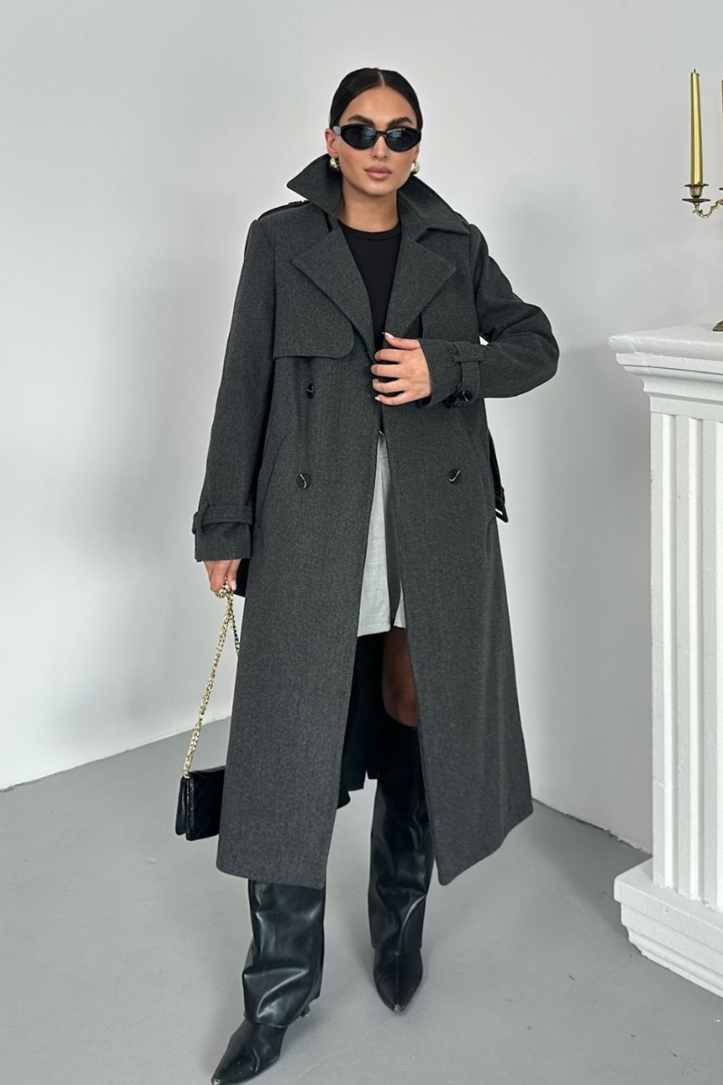 Kadın Kaban Uzun Kaşe  Kuşaklı Düğmeli Cepli Kruvaze Premium Kaban