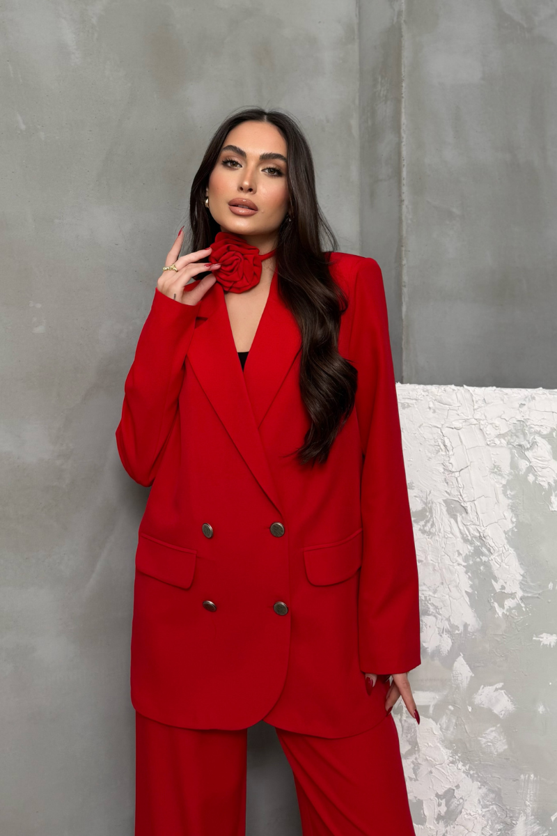 Kadın İkili Blazer Ceket Pantolon Takım Aksesuar ve Düğme Detaylı Bol Paça