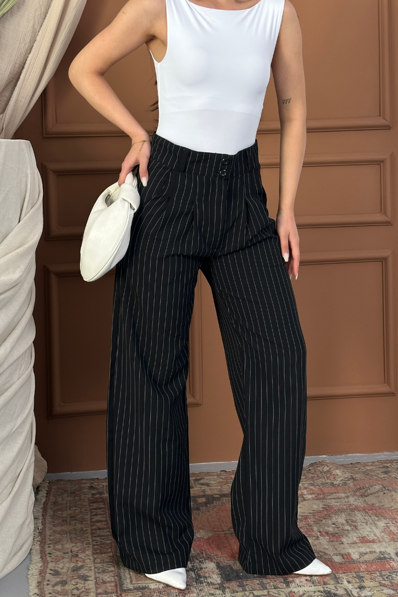 Kadın Pantolon Palazzo Çizgili Çift Düğme Detaylı Wide Leg Pantolon