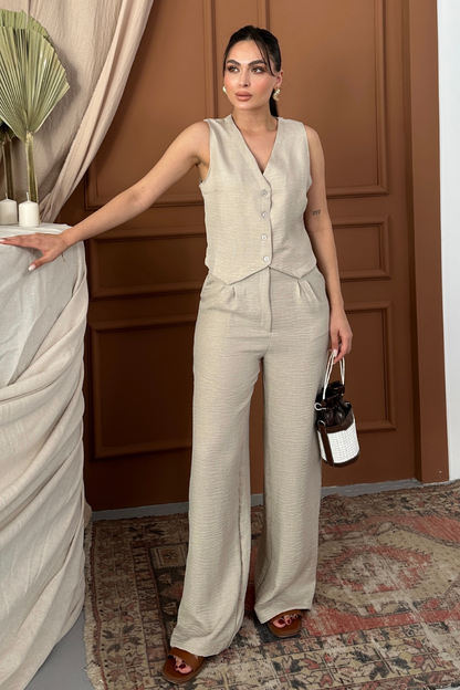 Kadın Alt Üst Takım Keten Düğmeli V Yaka Yelek Bol Paça Pantolon Takım
