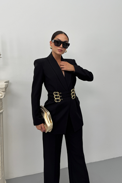 Kadın Blazer Ceket Şık Kruvaze Yaka Vatkalı Gold Kemer Detaylı Ceket