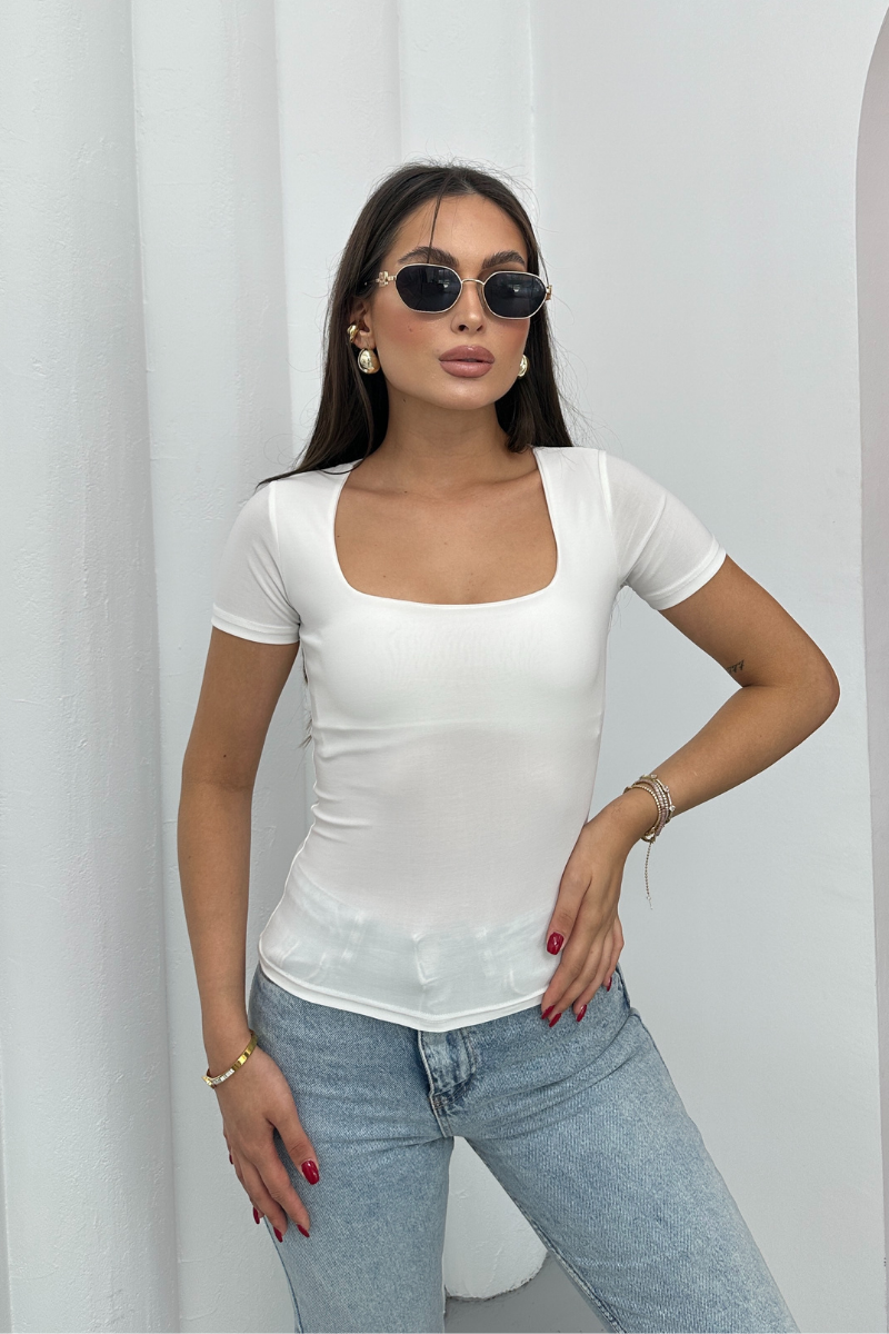 Kadın Kısa Kollu T-Shirt Kare Yaka Çift Kat Sandy Kumaş Crop T-Shirt