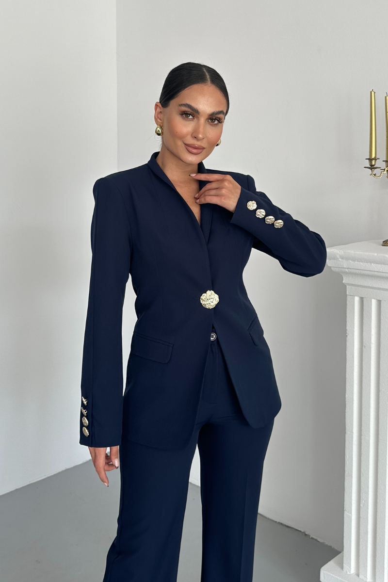 Kadın İkili Takım Şık Düğme Detaylı Dik Yaka Blazer Ceket Bol Paça Pantolon Takım