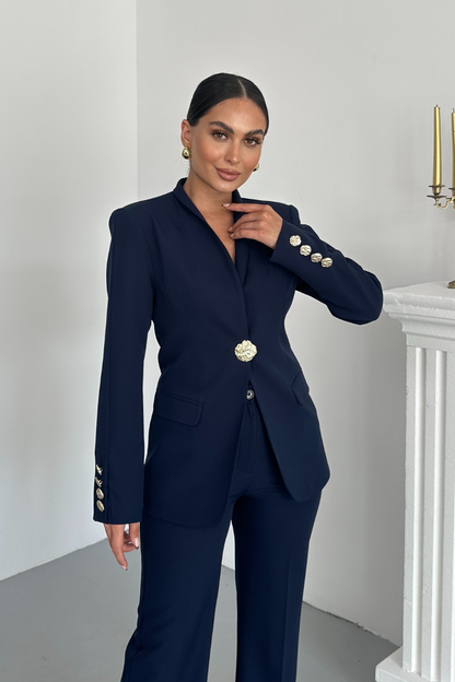 Kadın İkili Takım Şık Düğme Detaylı Dik Yaka Blazer Ceket Bol Paça Pantolon Takım