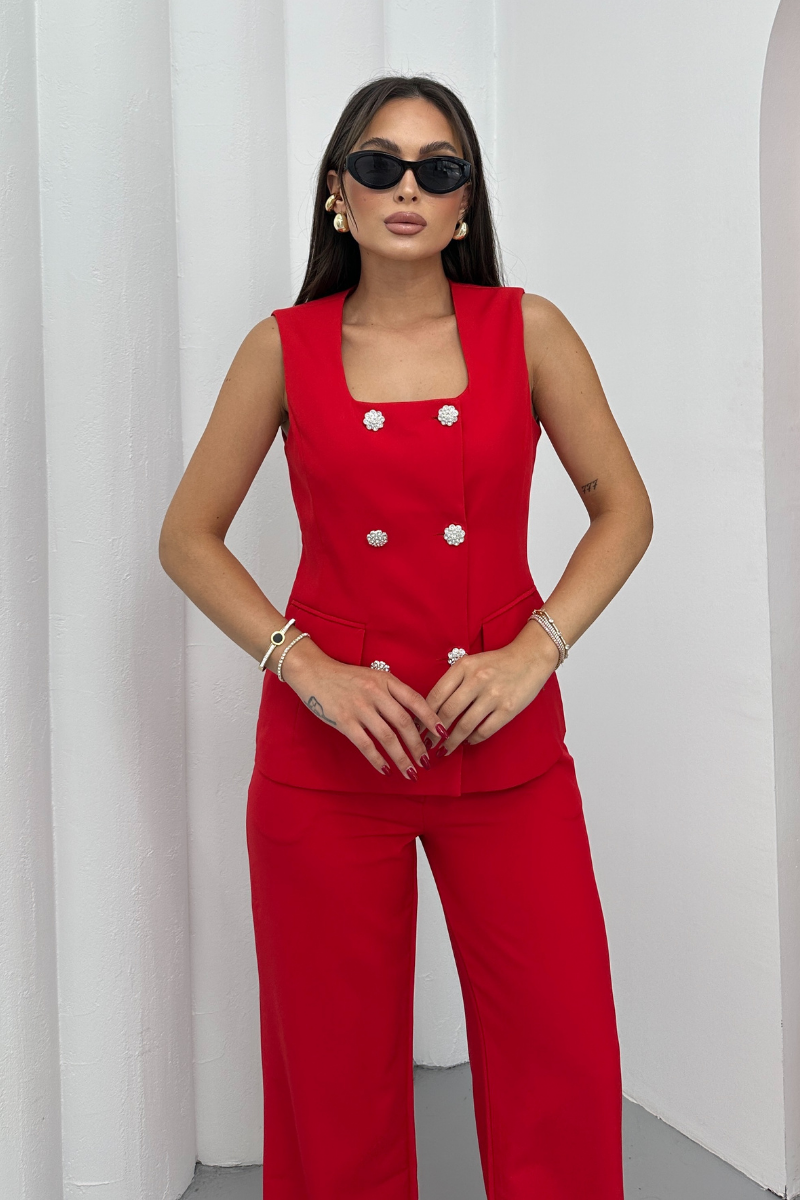 Kadın İkili Alt Üst Takım Şık Düğme Detaylı Kare Yaka Yelek Pantolon Takım