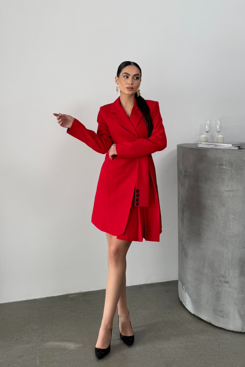 Kadın Elbise Mini Şık Uzun Kollu Kuşaklı Kruvaze Yaka Pileli Ceket Elbise