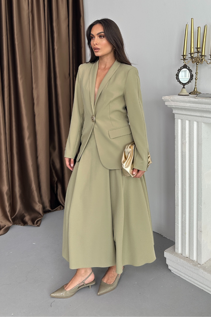 Kadın İkili Takım Şık Düğme Detaylı Dik Yaka Blazer Ceket Uzun Etek Takım