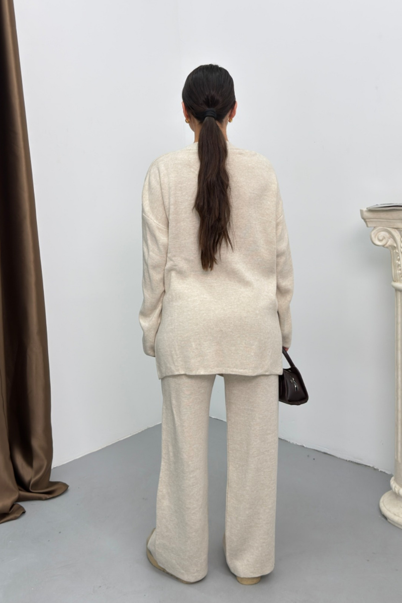 Kadın İkili Alt Üst Takım Triko Yandan Bağcıklı Kruvaze Hırka Bol Paça Pantolon Örme Takım