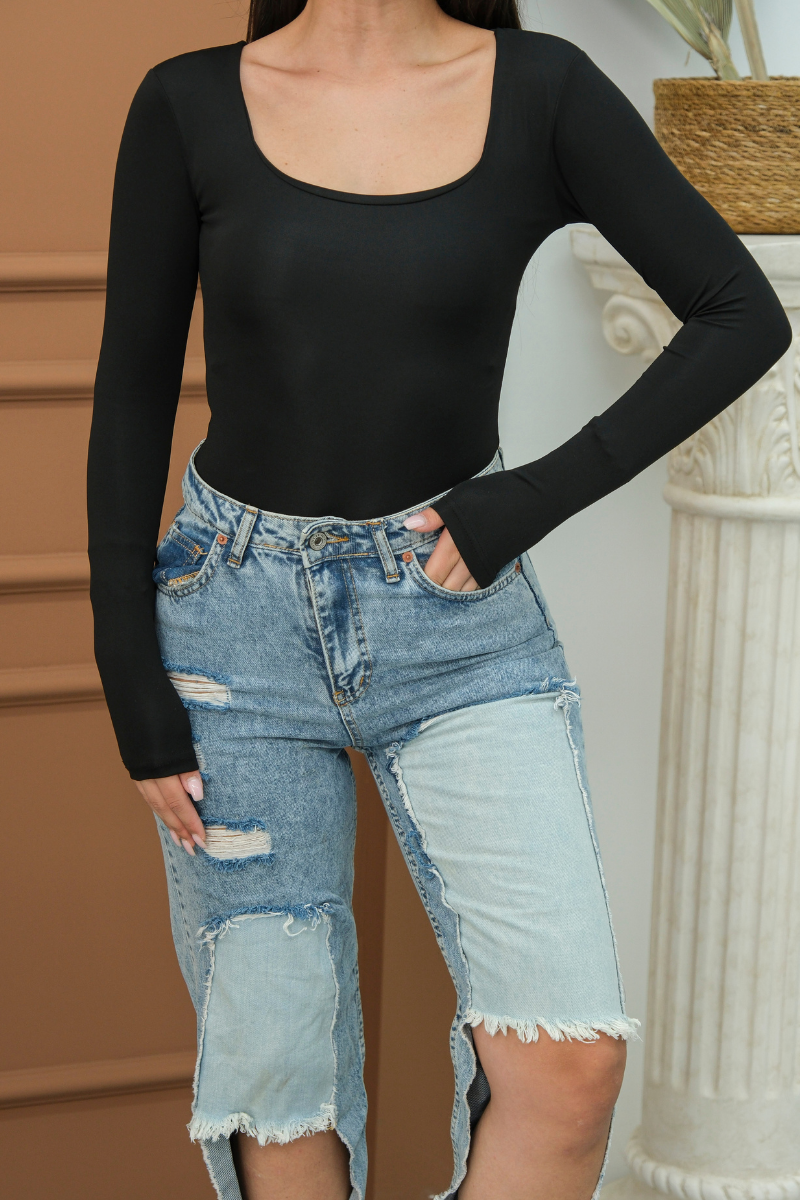 Kadın Body Uzun Kollu Kare Yaka Alttan Çıtçıtlı Slim Fit Bluz