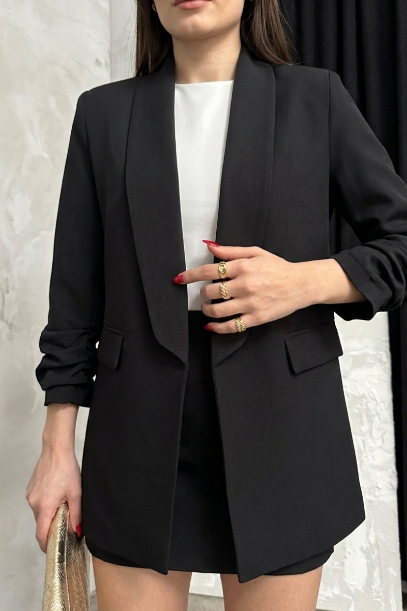 Kadın Blazer Ceket Şal Yaka Kolu Büzgülü Uzun Kollu Cep Görünümlü Regular Kalıp Astarlı Ceket