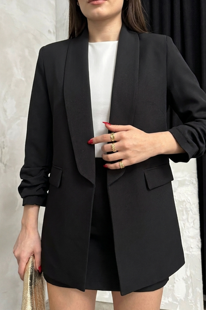 Kadın Blazer Ceket Şal Yaka Kolu Büzgülü Uzun Kollu Cep Görünümlü Regular Kalıp Astarlı Ceket