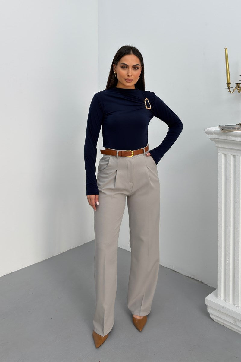 Kadın Pantolon Kemerli Pile Detaylı Çift Cepli Bol Paça Pantolon