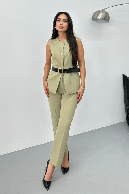Kadın İkili Alt Üst Takım Şık Kemerli Düğme Detaylı Bisiklet Yaka Regular Yelek Pantolon Takım Haki