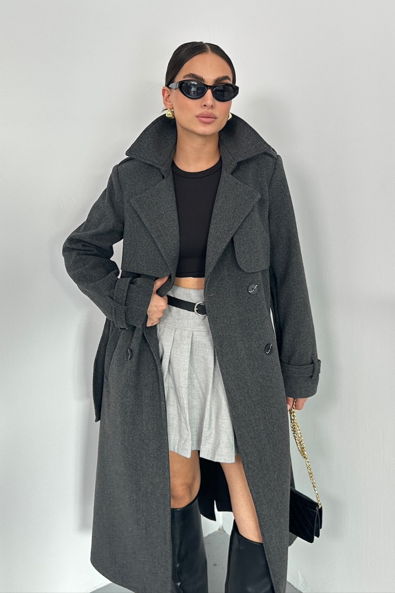 Kadın Kaban Uzun Kaşe  Kuşaklı Düğmeli Cepli Kruvaze Premium Kaban