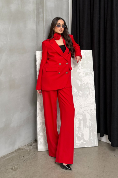 Kadın İkili Blazer Ceket Pantolon Takım Aksesuar ve Düğme Detaylı Bol Paça