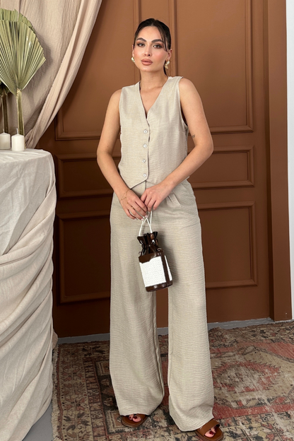 Kadın Alt Üst Takım Keten Düğmeli V Yaka Yelek Bol Paça Pantolon Takım