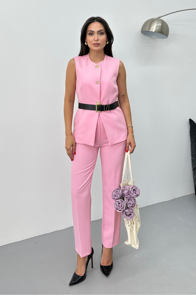 Kadın İkili Alt Üst Takım Şık Kemerli Düğme Detaylı Bisiklet Yaka Regular Yelek Pantolon Takım