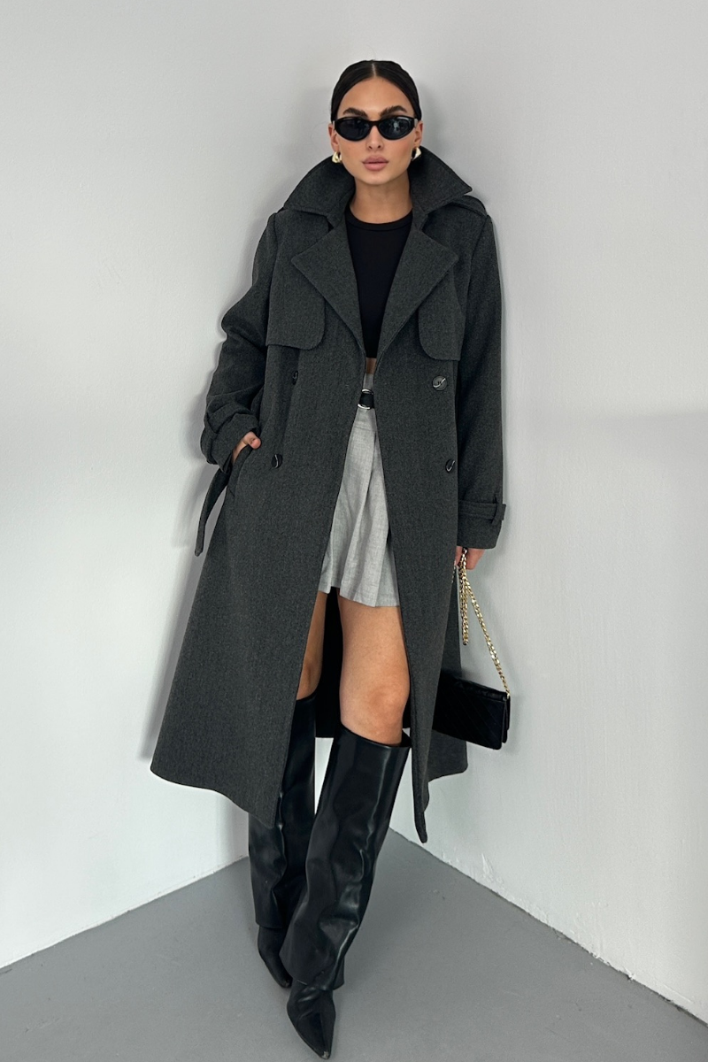 Kadın Kaban Uzun Kaşe  Kuşaklı Düğmeli Cepli Kruvaze Premium Kaban