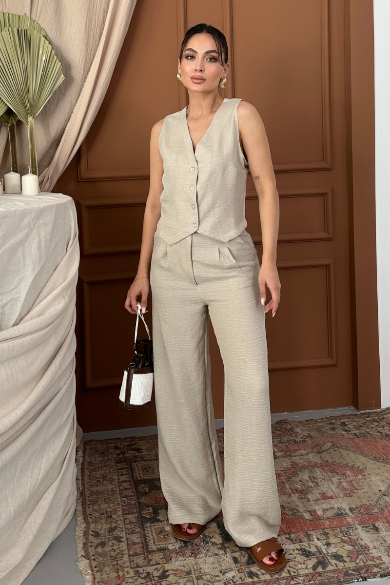 Kadın Alt Üst Takım Keten Düğmeli V Yaka Yelek Bol Paça Pantolon Takım