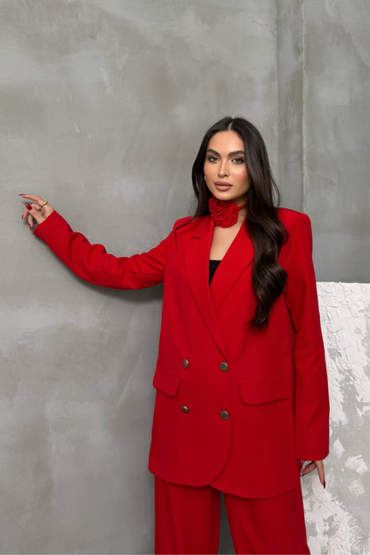 Kadın İkili Blazer Ceket Pantolon Takım Aksesuar ve Düğme Detaylı Bol Paça