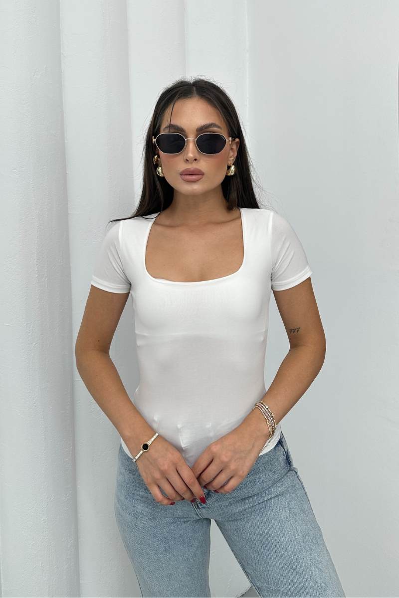 Kadın Kısa Kollu T-Shirt Kare Yaka Çift Kat Sandy Kumaş Crop T-Shirt