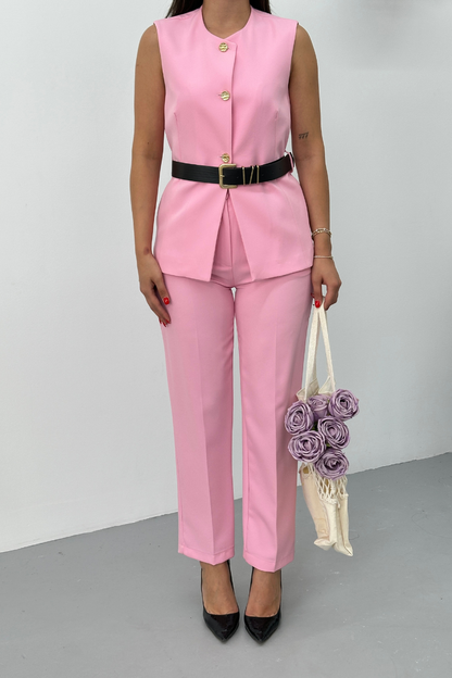 Kadın İkili Alt Üst Takım Şık Kemerli Düğme Detaylı Bisiklet Yaka Regular Yelek Pantolon Takım